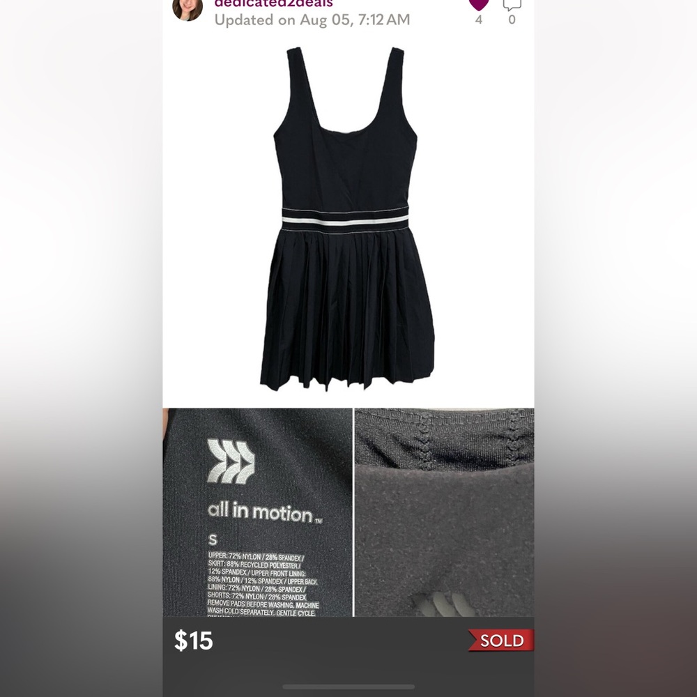 All in Motion Womens Preppy Tennis Dress Small Black Shelf Bra Shorts Activewear - Picture 2 of 3